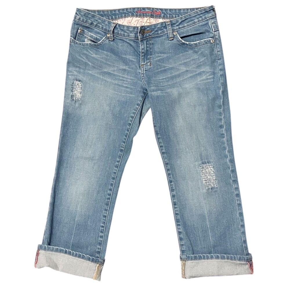 Y2K American Eagle Denim Jeans Capri Crop 10 Low Rise Distressed Light Wash AEO